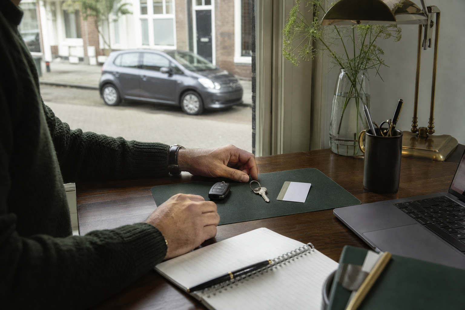 Professional vergelijkt autosleutel, fietssleutel en ov-kaart aan een rustige werktafel