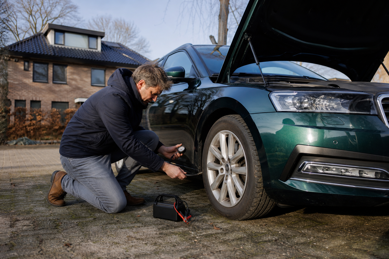 Automobilist controleert een band van een auto die na weken stilstand weer wordt gebruikt