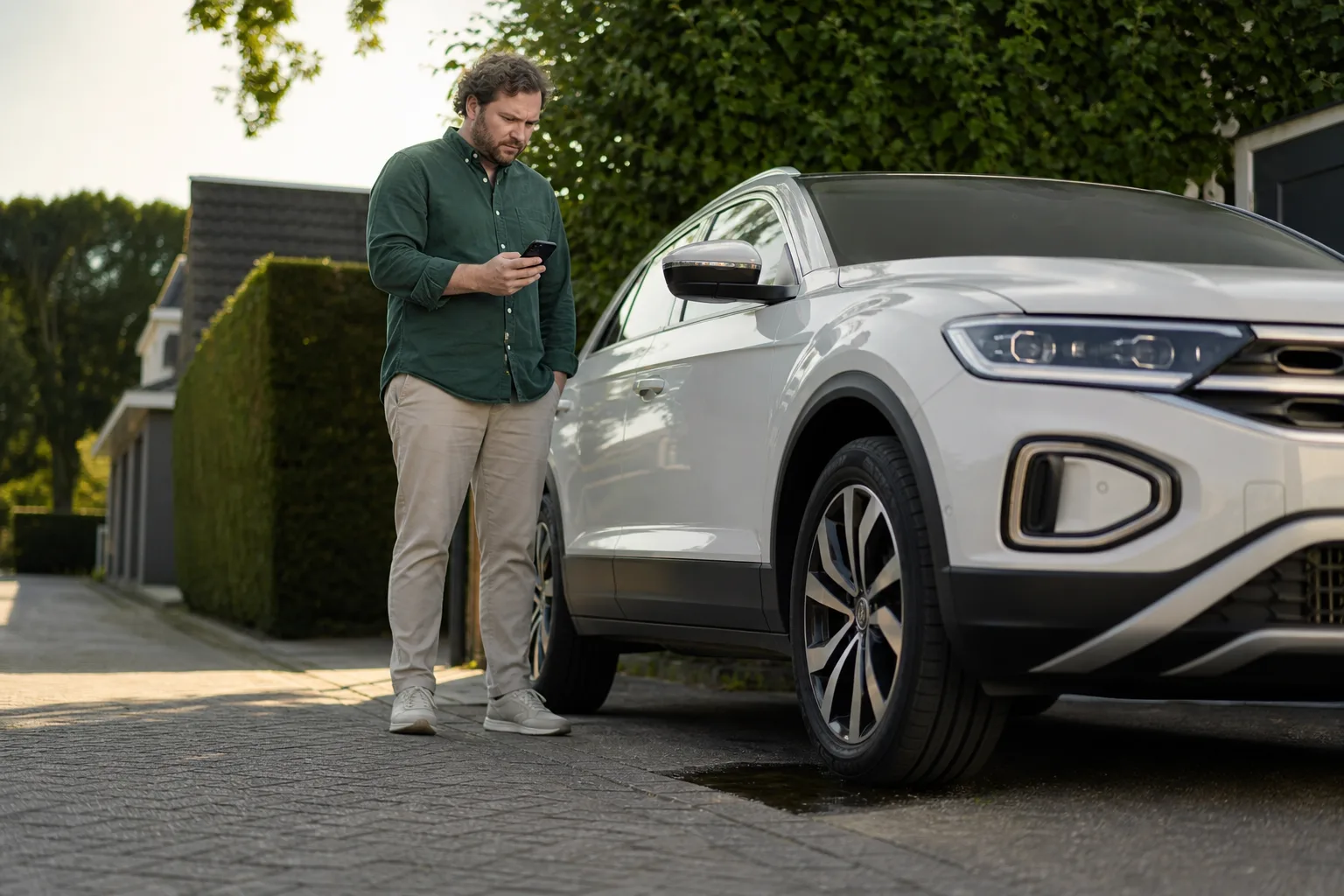 Automobilist controleert een band van een auto die na weken stilstand weer wordt gebruikt